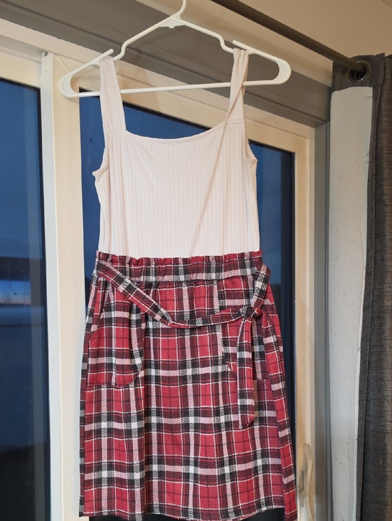 Ultra Flirt Dresses & Skirts - Cream Ribbed Top Dress with Red Plaid Skirt
